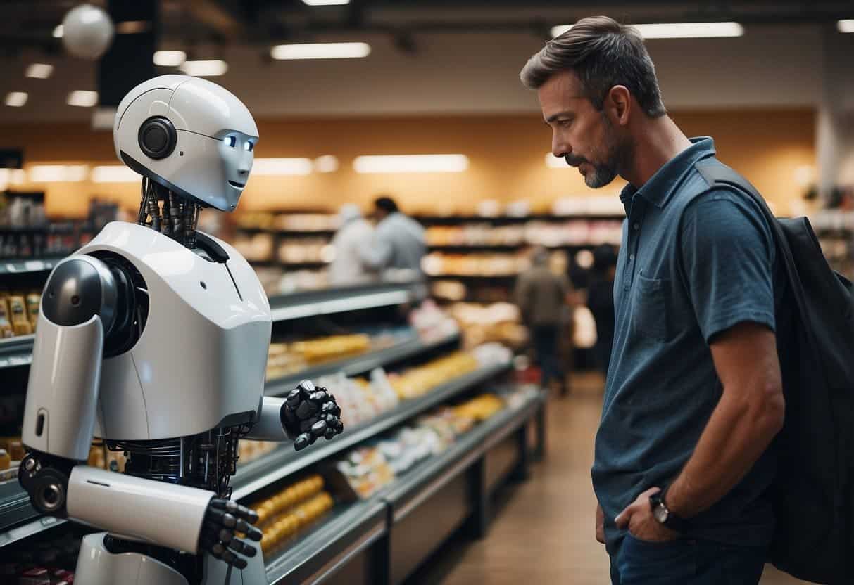 An AI robot scanning shelves in a traditional retail store, while a confused store employee looks on