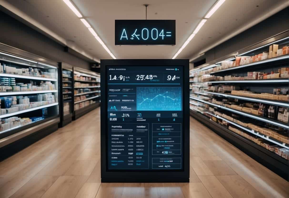 AI algorithms analyze customer data in a busy retail store. Smart shelves automatically restock products based on demand. Virtual assistants guide shoppers to find items