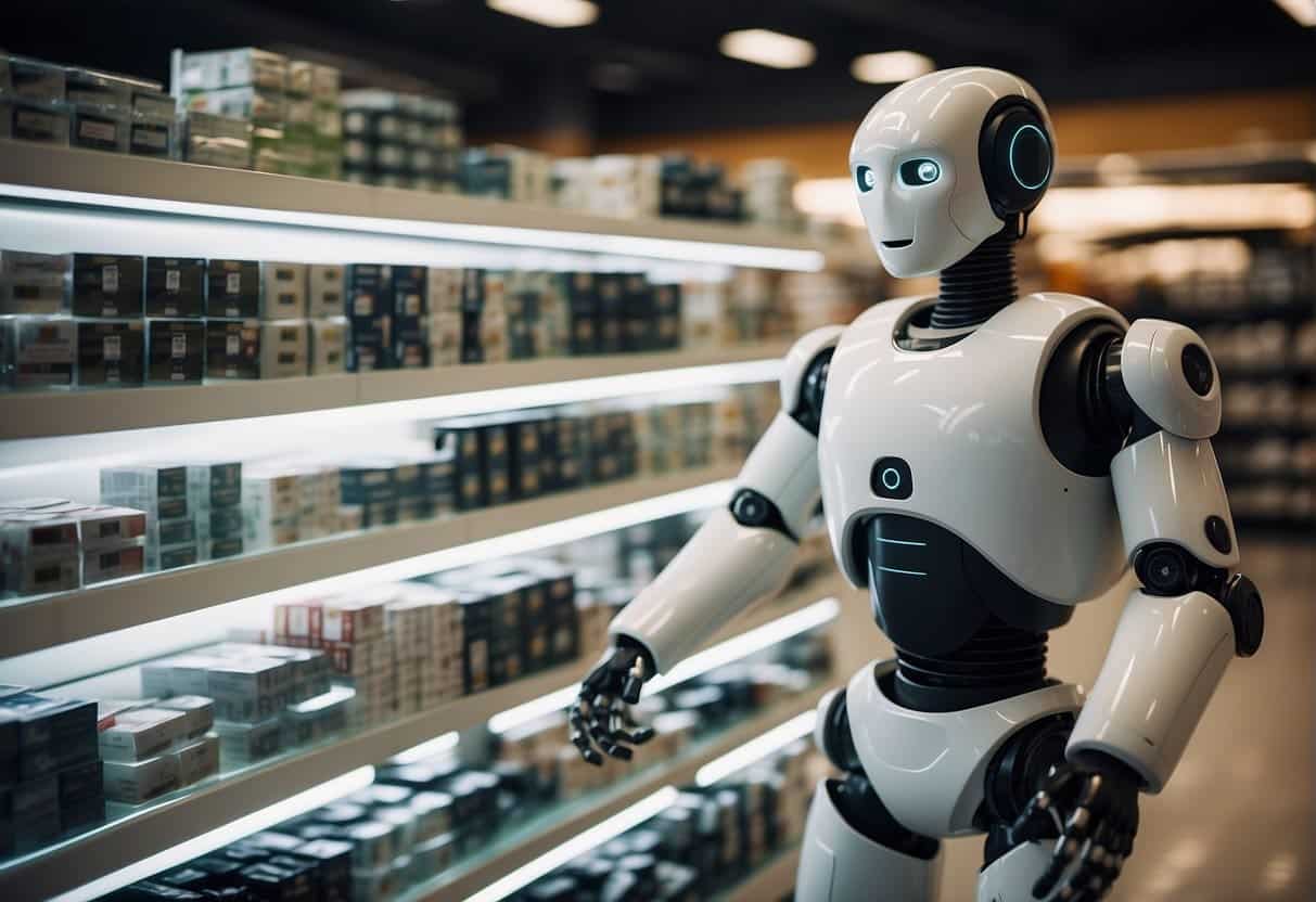 AI-powered robots organizing shelves, analyzing customer behavior, and providing personalized recommendations in a bustling retail store
