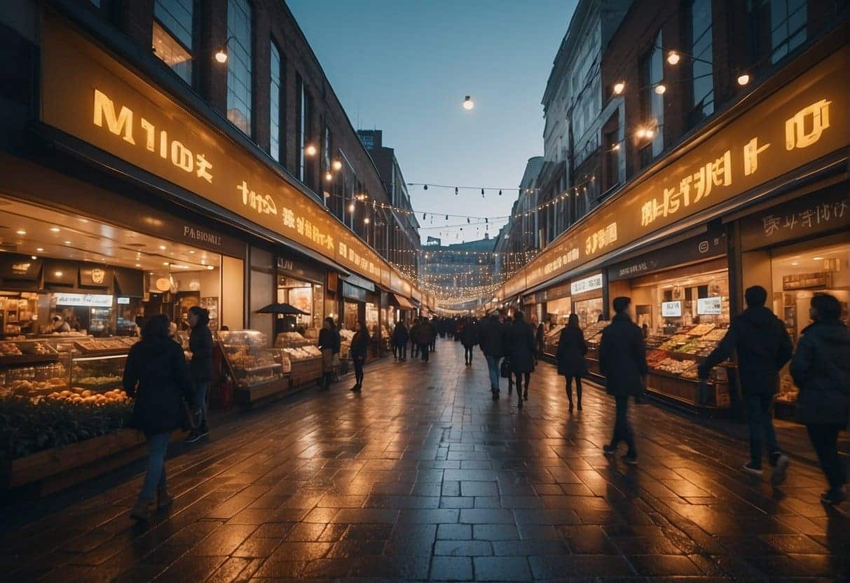 A busy retail street with traditional storefronts, contrasted by futuristic AI-powered displays and delivery drones