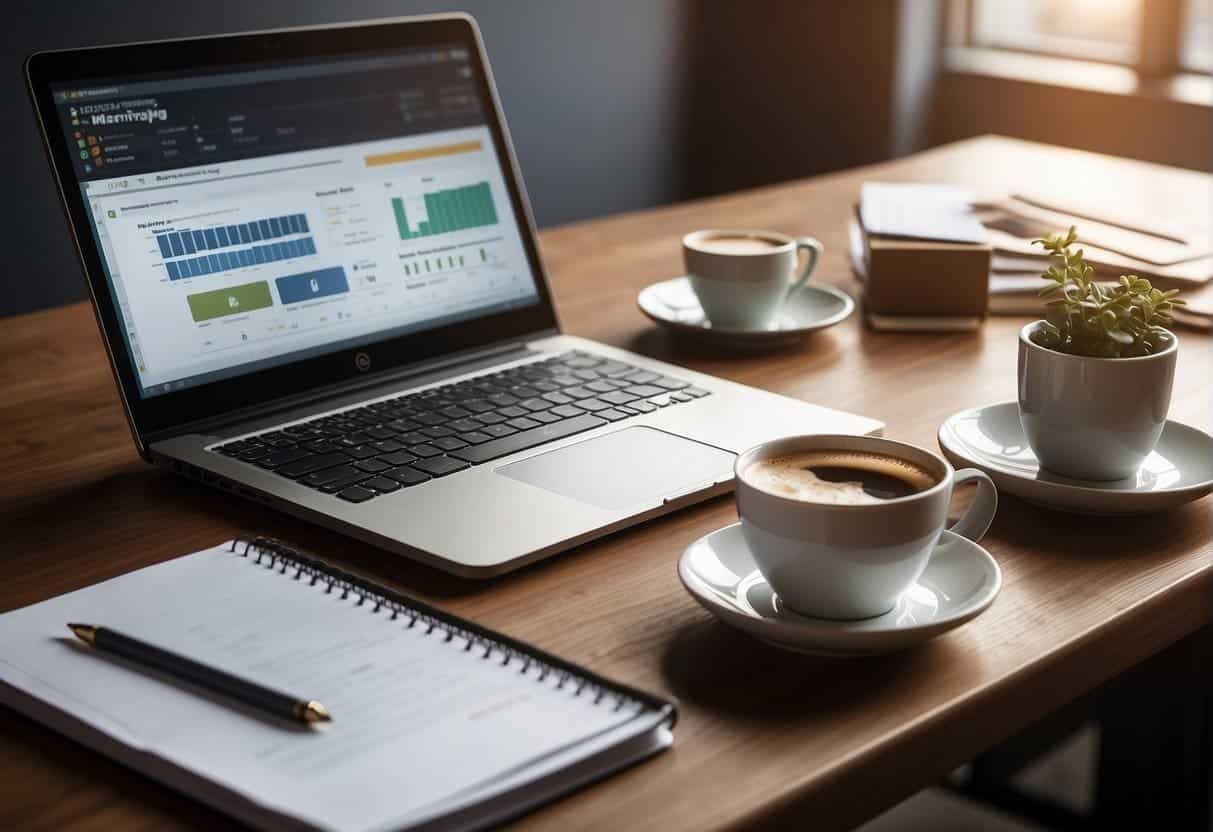 A laptop and notebook sit on a desk, surrounded by research materials and a cup of coffee. A chart on the wall displays content marketing strategies