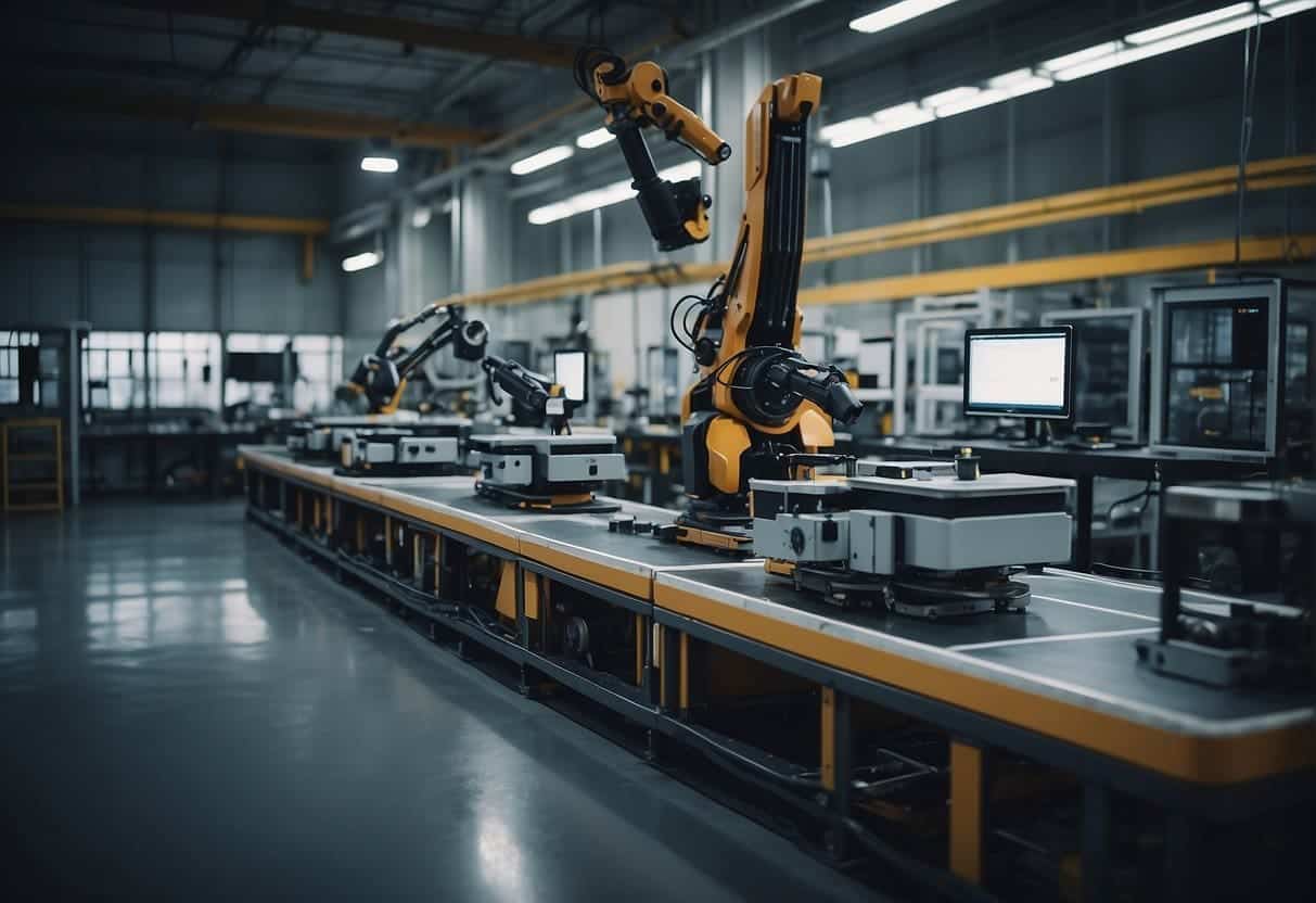 A small manufacturing workshop with advanced robotics and AI systems in operation, producing precision components