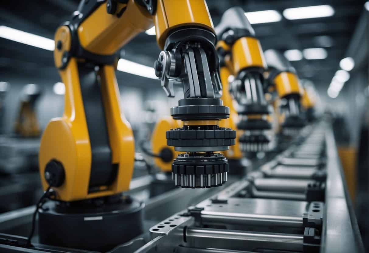 Robotic arms assemble products on a manufacturing line, while AI systems analyze data and optimize production processes