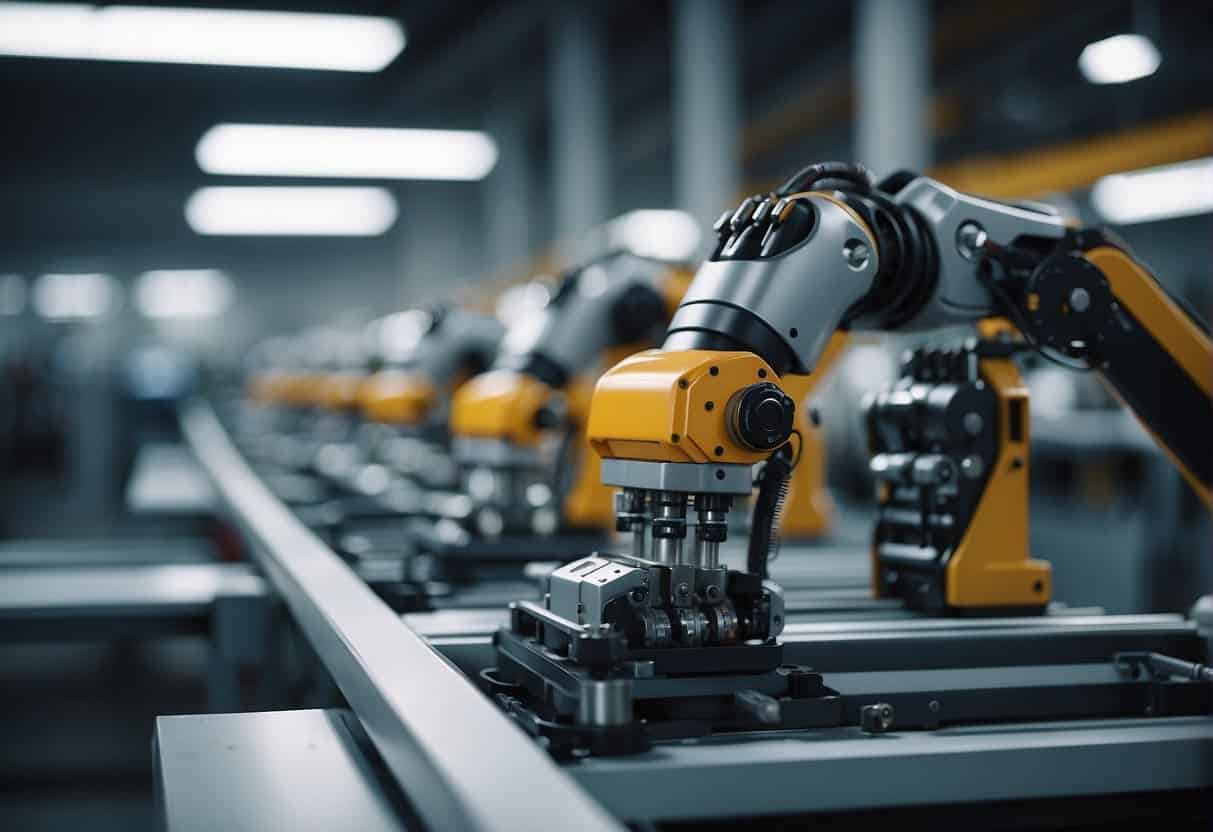 Robotic arms assembling small parts in a modern manufacturing facility. AI algorithms optimize production processes