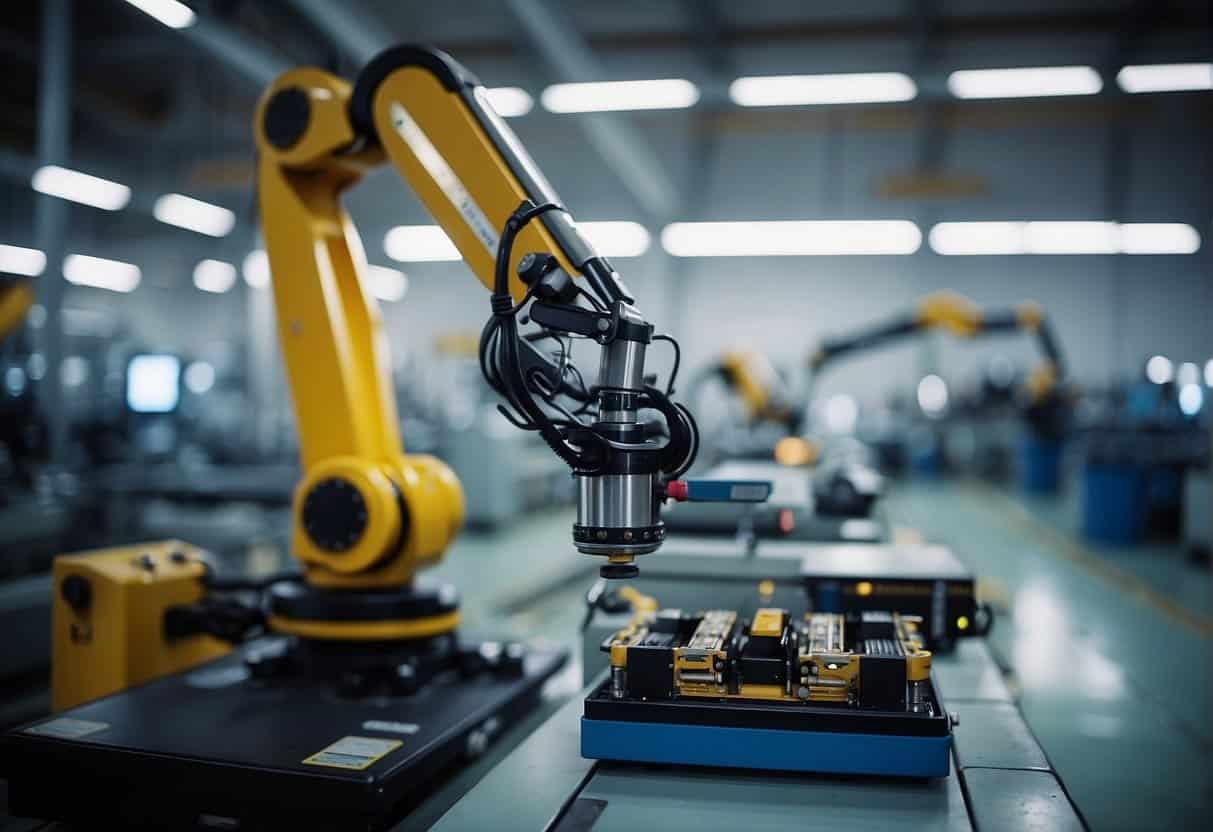 Robotic arms monitor and adjust machinery in a small manufacturing facility, while sensors detect potential hazards and activate safety measures