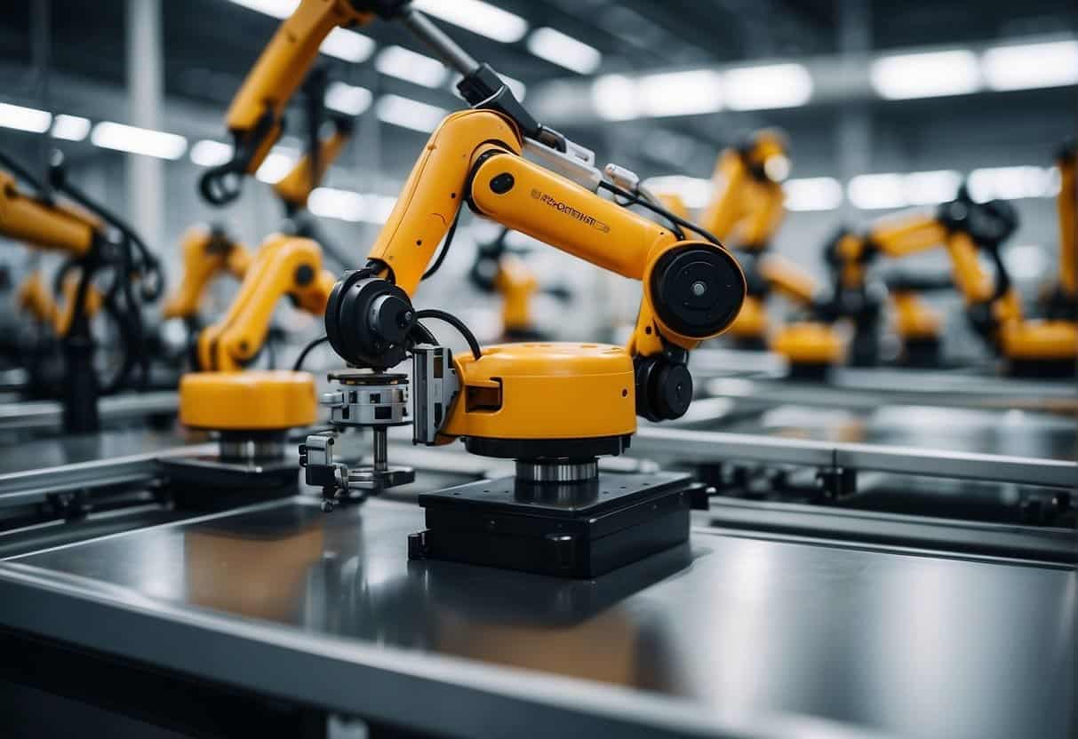 Robotic arms assemble products in a smart manufacturing facility, while AI systems optimize production for small enterprises
