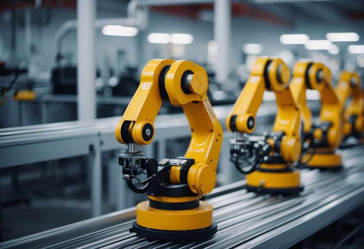 Robotic arms assemble parts on a conveyor belt in a small manufacturing facility. AI systems monitor and optimize production processes