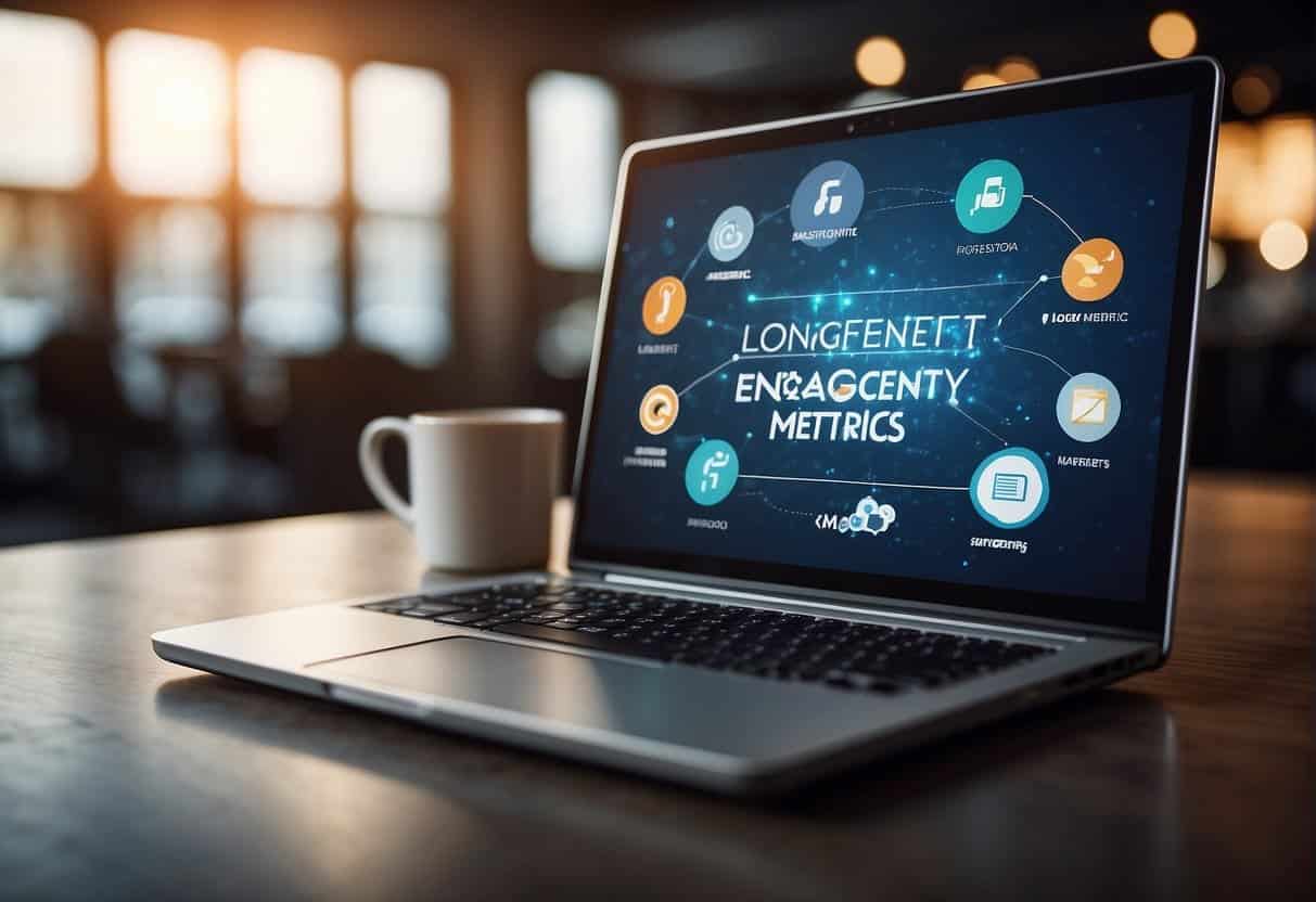 A laptop displaying a long-form content marketing strategy with engagement metrics and social media icons in the background