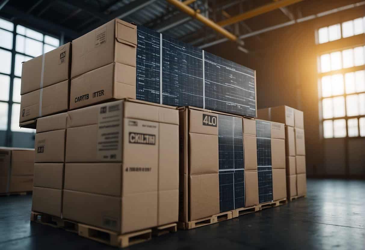 AI algorithms optimizing supply chain routes and inventory. Data flowing through interconnected nodes. Small business logos on shipping boxes