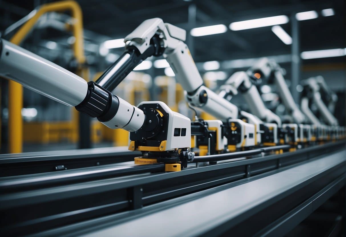 Robotic arms assemble products on conveyor belts in a modern factory, while AI algorithms analyze supply chain data for small businesses