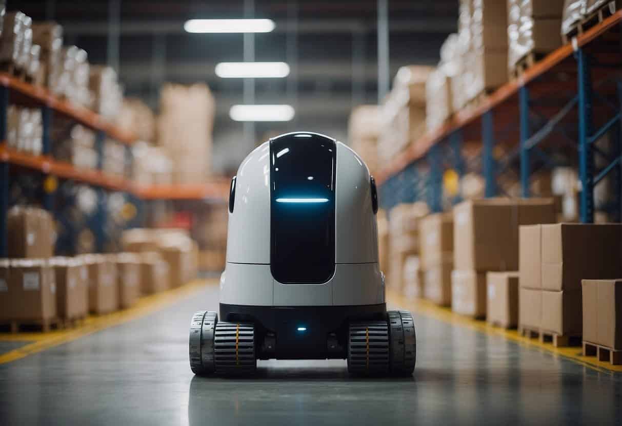 A warehouse robot efficiently organizes and moves inventory using advanced AI technology, streamlining supply chain operations for small businesses