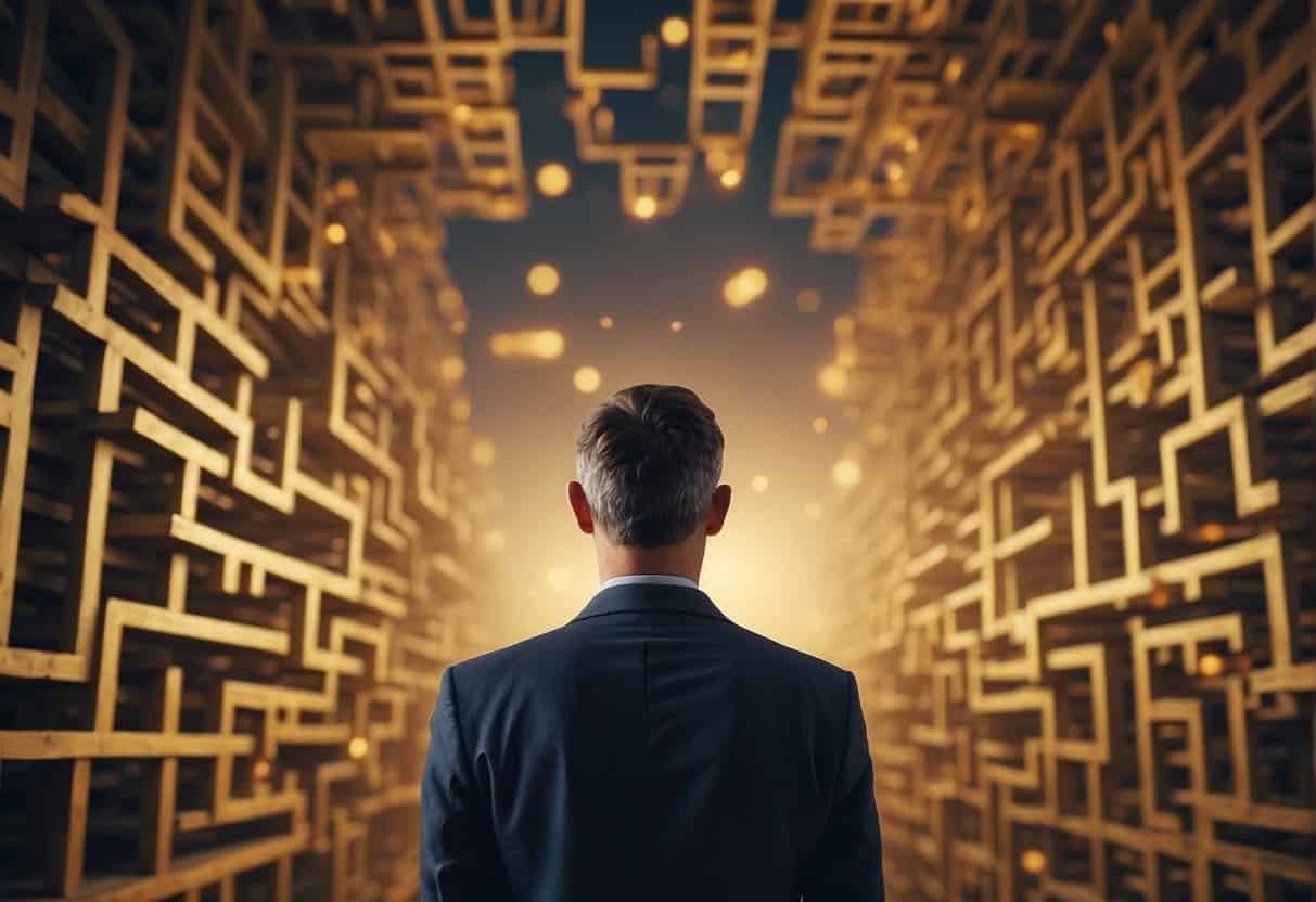 Small business owner navigating a maze of supply chain challenges and risks, with AI technology as a guiding light