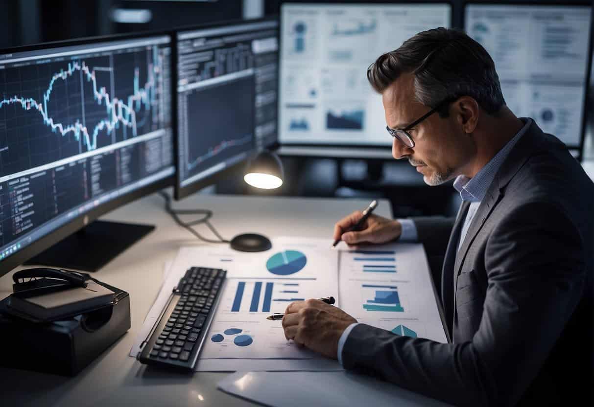 A small business owner sits at a desk, surrounded by charts and graphs, mapping out a strategic plan for implementing AI in their supply chain optimization