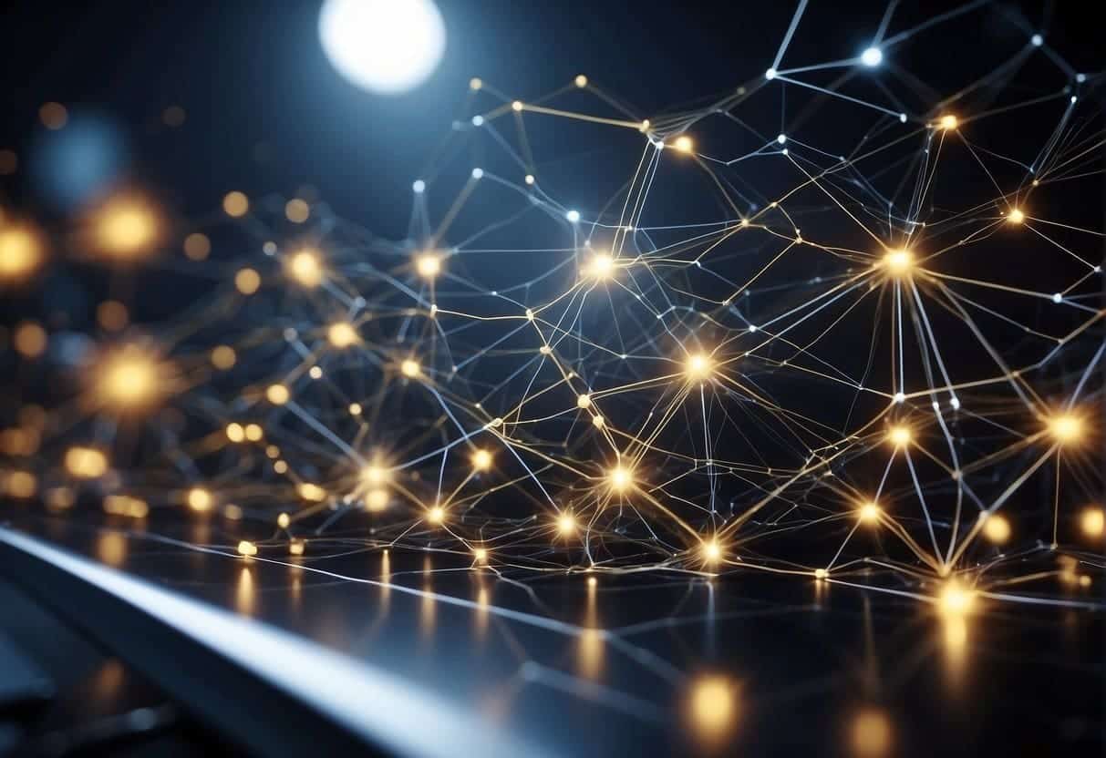 Data flows through a network of interconnected nodes, with AI algorithms optimizing supply chain processes
