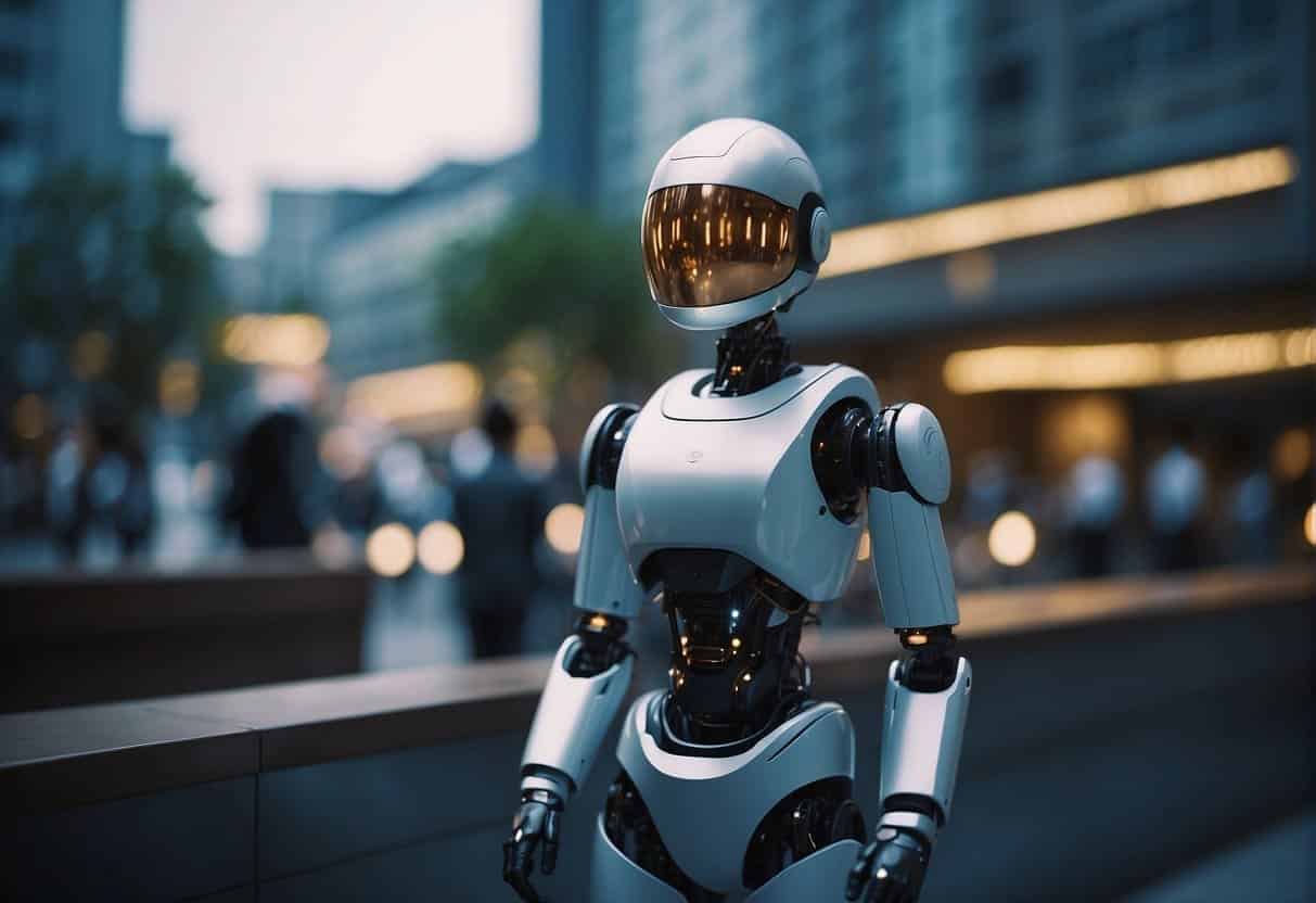 People and AI work together in a sustainable city, using technology to improve society and the economy