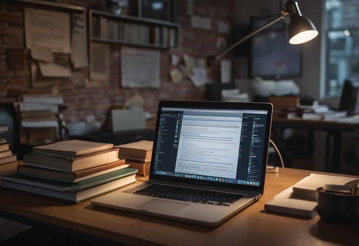 A person typing on a laptop surrounded by books and research materials, with a brainstorming chart on the wall