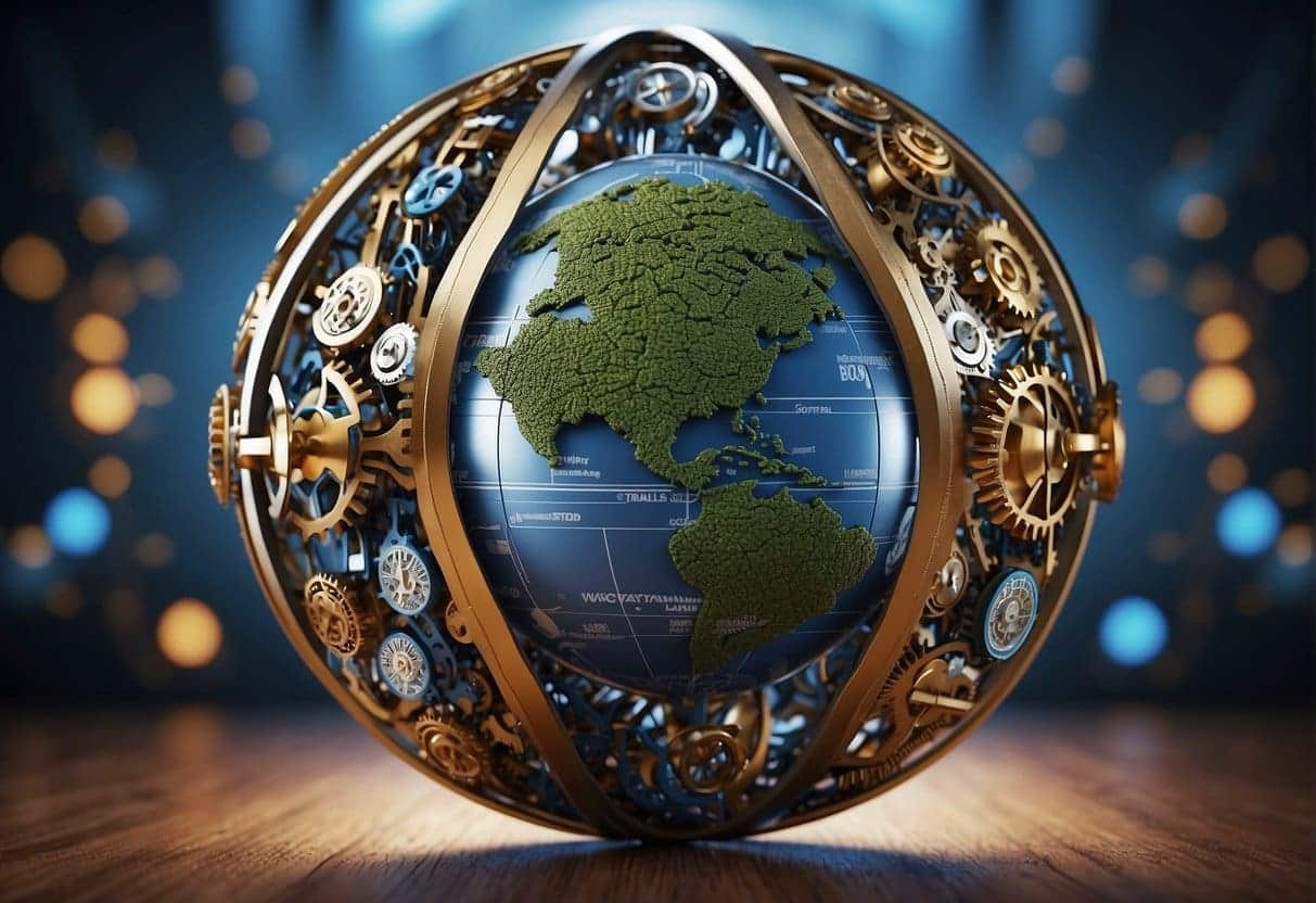 A globe surrounded by interconnected gears and sustainable symbols, representing the integration of responsible AI and sustainability practices