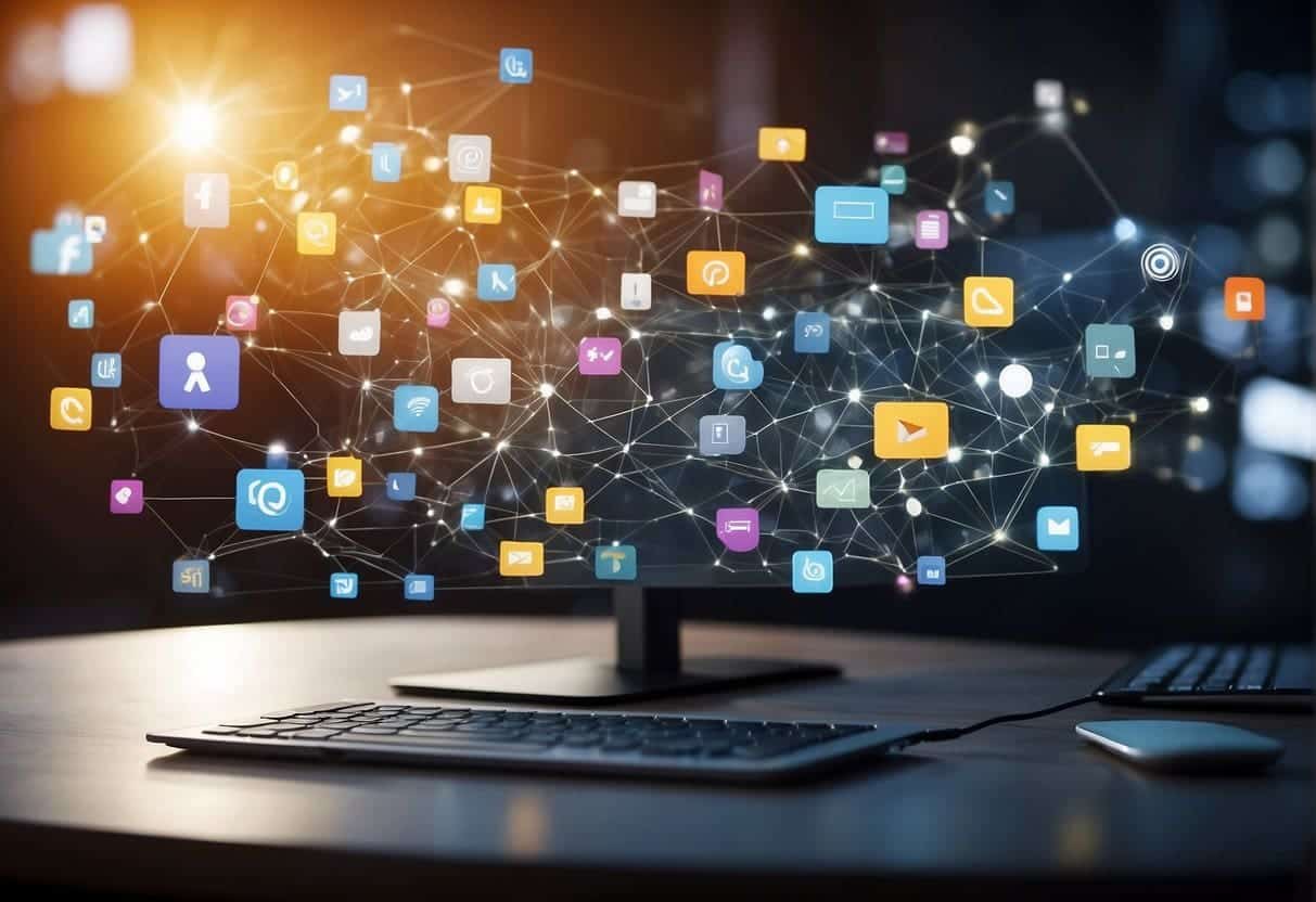Various channels (web, social, email) merge into a central hub, symbolizing content distribution. Web design elements seamlessly integrate with content marketing strategies