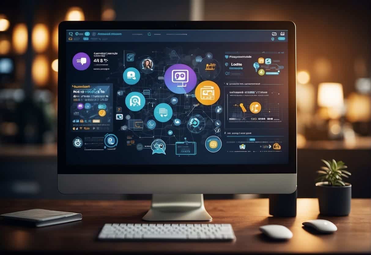A computer screen displaying a website with engaging content, surrounded by icons representing social media platforms and a graph showing increased user engagement