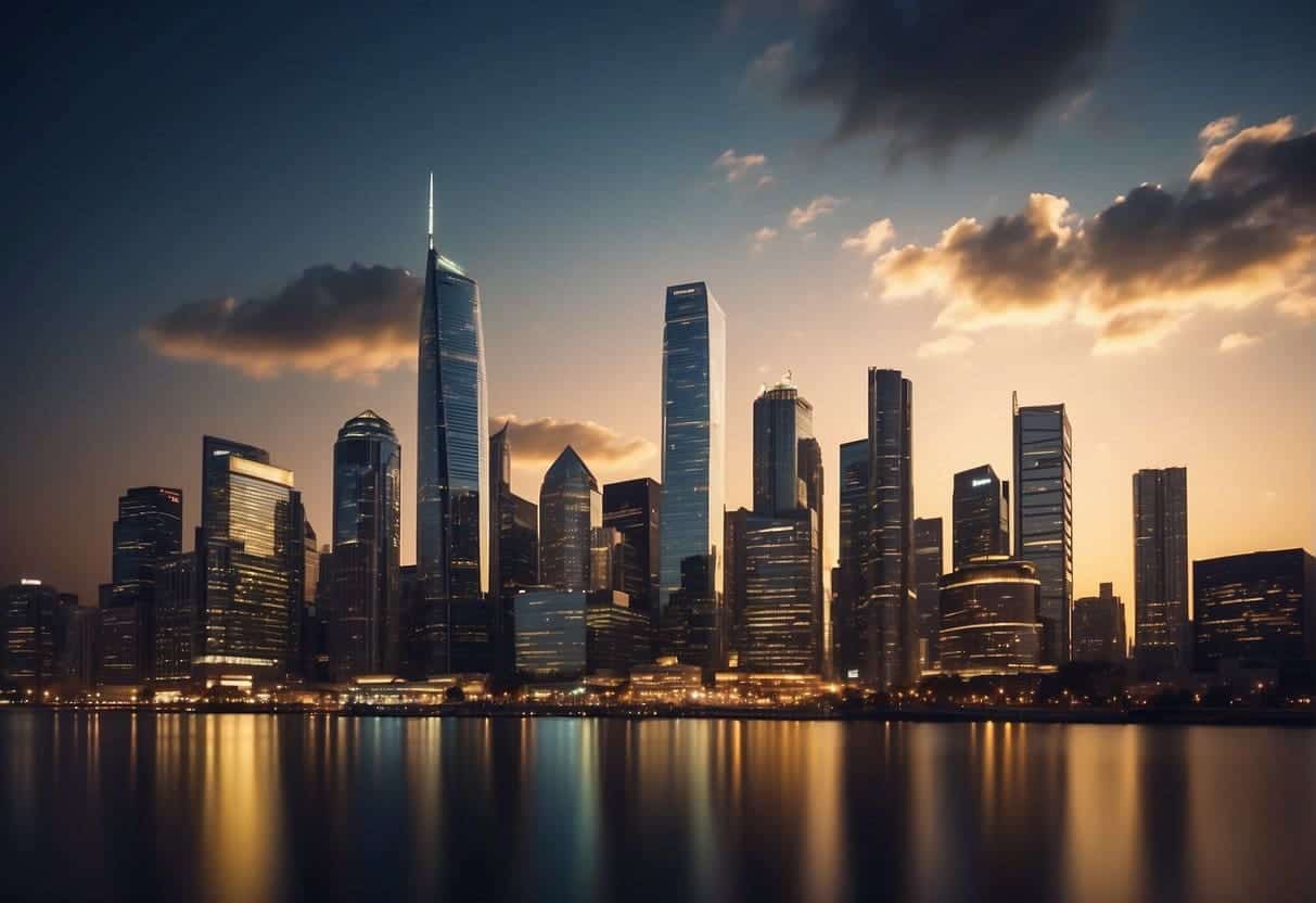 A bustling city skyline with various businesses and industries. A graph showing upward trends in market data. A diverse audience engaging with long-form content