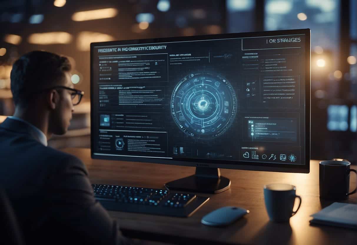 A computer screen displaying a list of frequently asked questions related to AI strategies for cybersecurity, with various security symbols and icons in the background