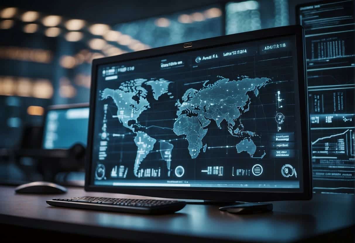 An AI system monitors and analyzes cybersecurity compliance and governance data, displaying real-time strategies to address potential threats