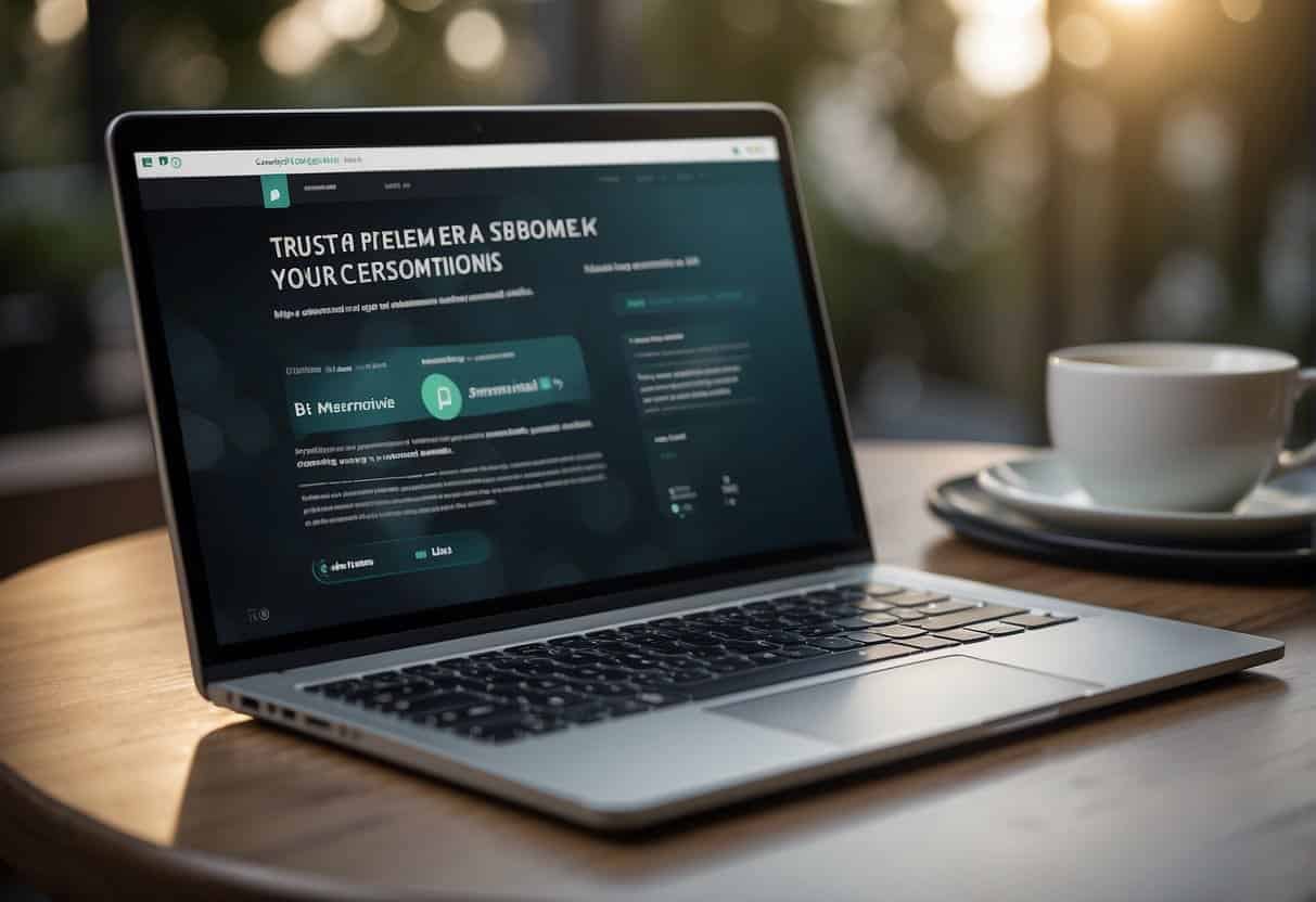 A laptop displaying a sleek and professional landing page, with clear calls to action and engaging visuals. A trust badge and customer testimonials add credibility