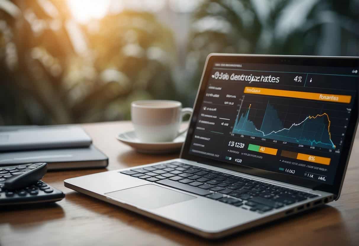A laptop displaying a landing page with a clear call-to-action. A chart showing increasing conversion rates. A calculator with the ROI equation
