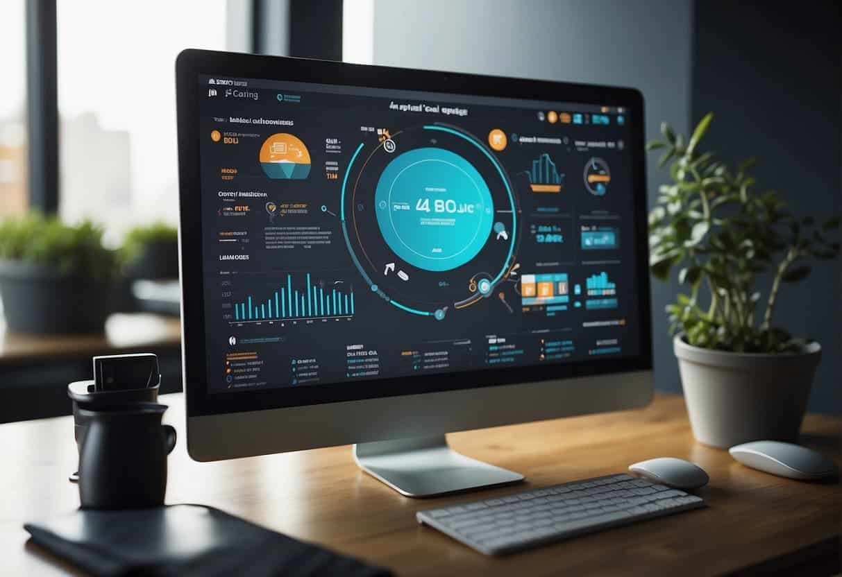 A computer screen displaying a visually appealing landing page with clear call-to-action buttons and engaging content, surrounded by digital marketing tools and data analytics charts