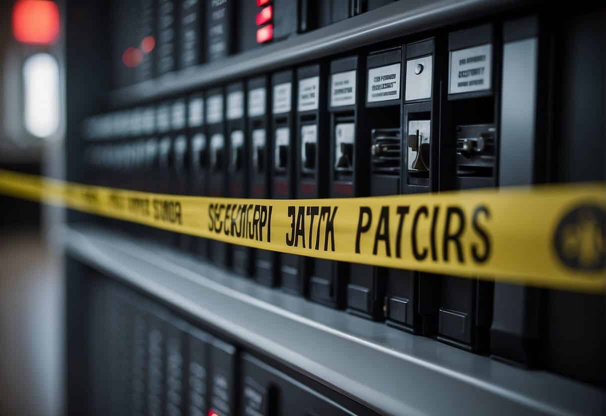 A padlocked data server surrounded by caution tape and security cameras. Legal documents and privacy policies displayed nearby