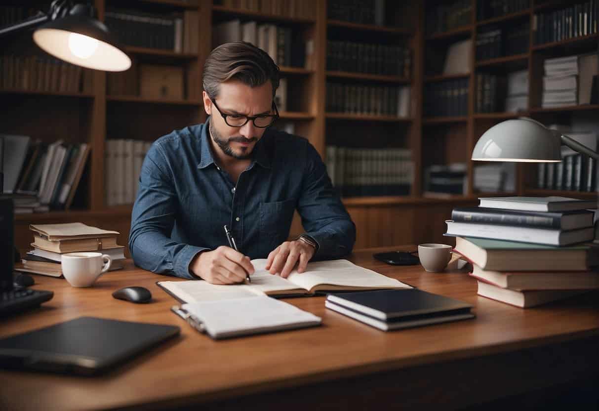 A person writing at a desk surrounded by books and research materials, with a computer open to a long-form content marketing strategy document