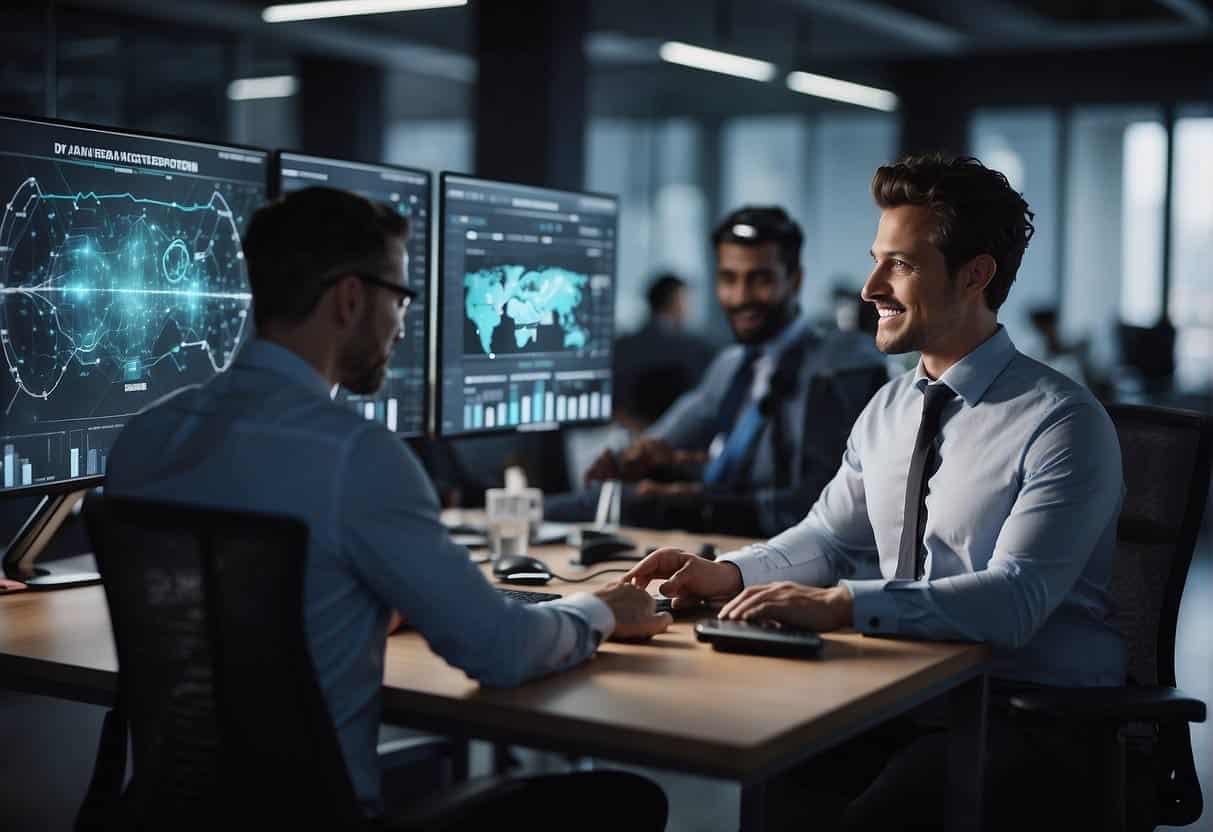 Employees engage with AI tools, showing improved performance. Metrics track success
