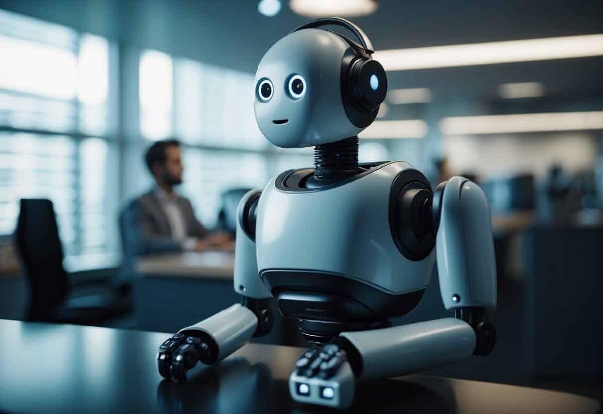 A customer service chatbot answers questions in a modern office setting, with AI technology visible in the background