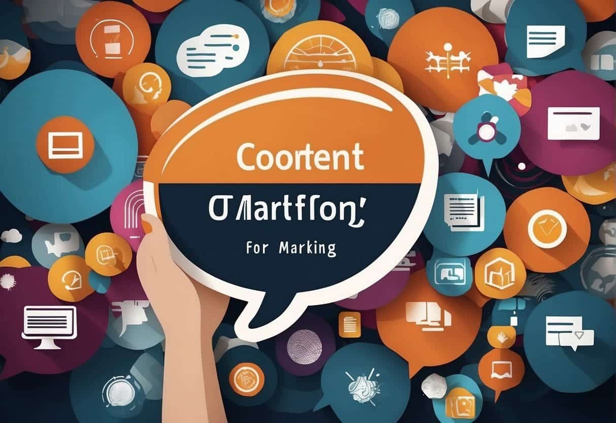 A hand holding a megaphone with a speech bubble containing the words "Content Marketing: Strategies for Long-form Content" surrounded by various digital marketing icons and symbols