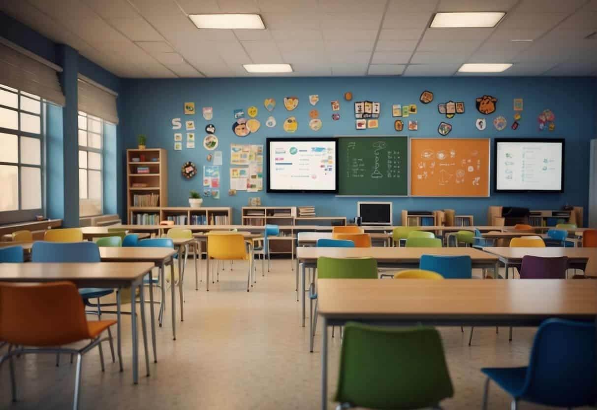 A classroom setting with diverse cultural symbols and AI technology integrated into the learning environment