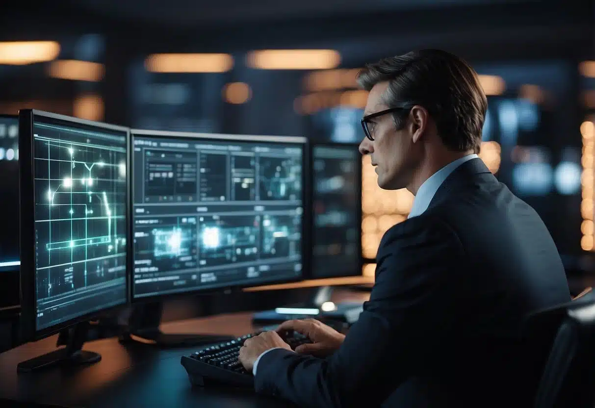 An AI system with a glowing interface being monitored and evaluated by an ethical committee