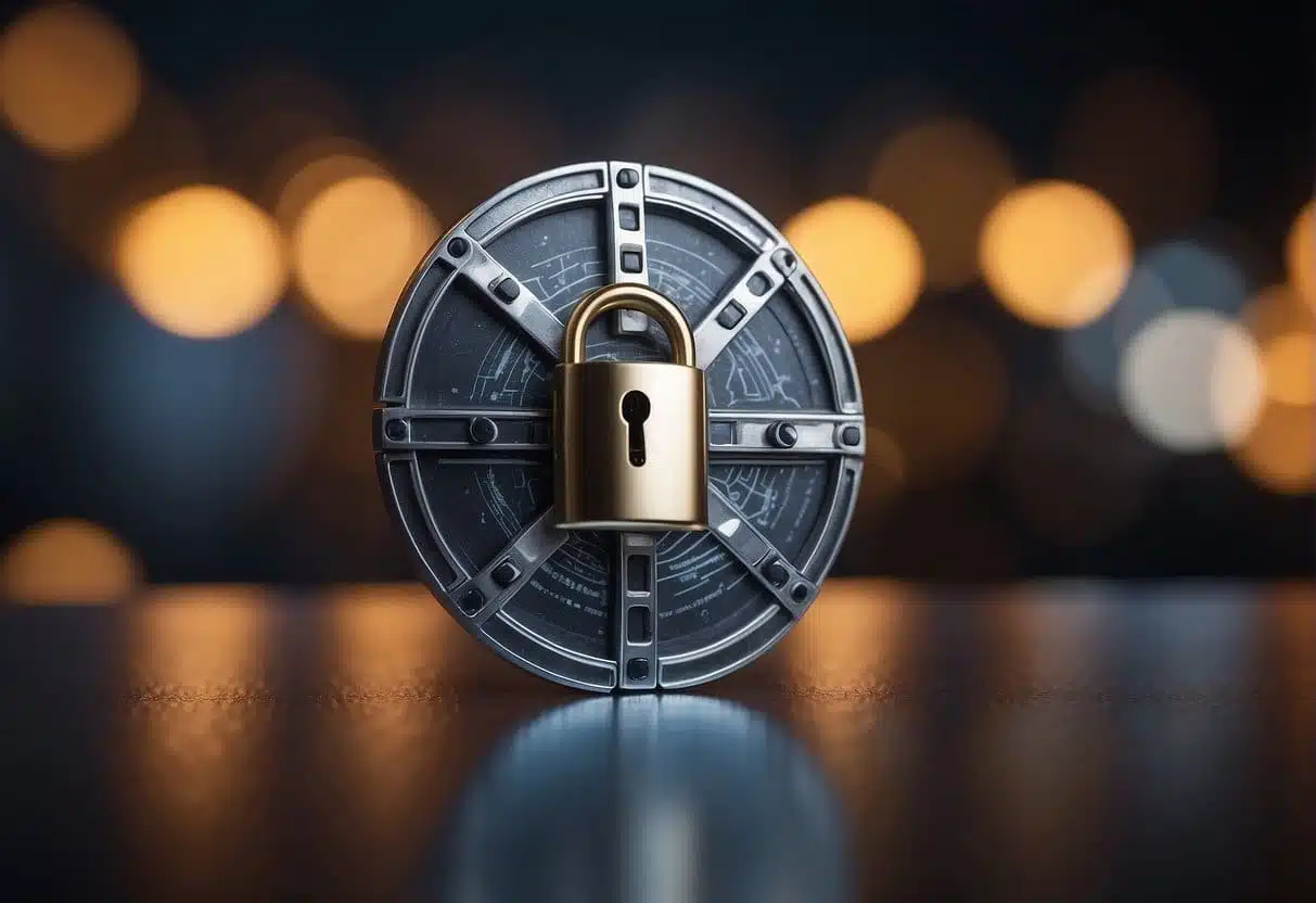A lock with a shield, representing privacy and data protection. AI symbol in the background