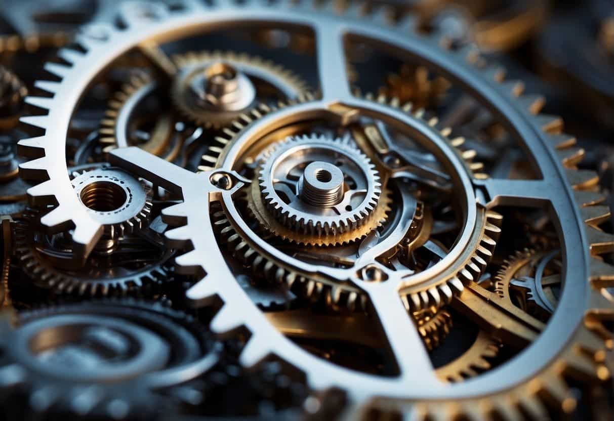 A complex web of interconnected gears and circuits symbolizing the challenges and considerations in adopting ethical AI in industry-specific settings