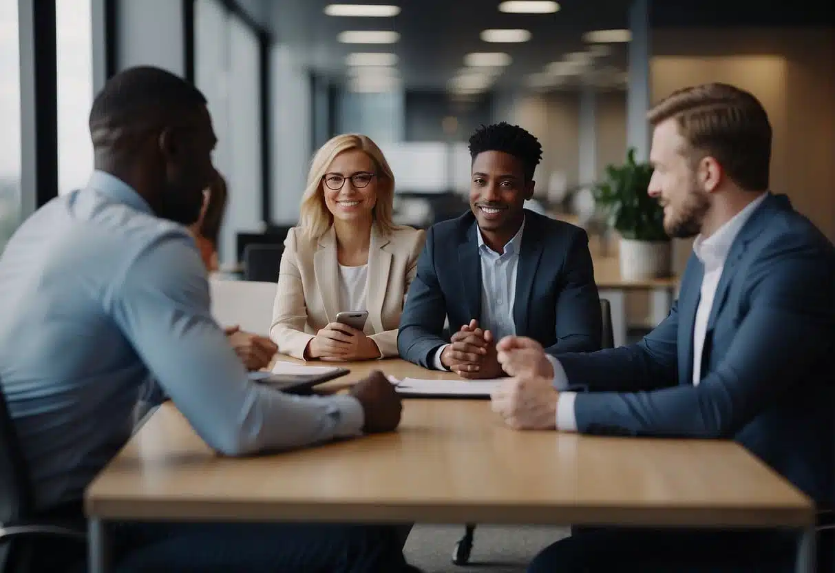 A group of diverse individuals discussing ethical AI adoption and regulatory compliance in a modern office setting