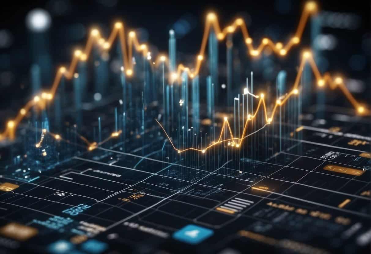 A graph showing AI's impact on small business profits, with upward trend and labeled axes, surrounded by data points and AI-related symbols
