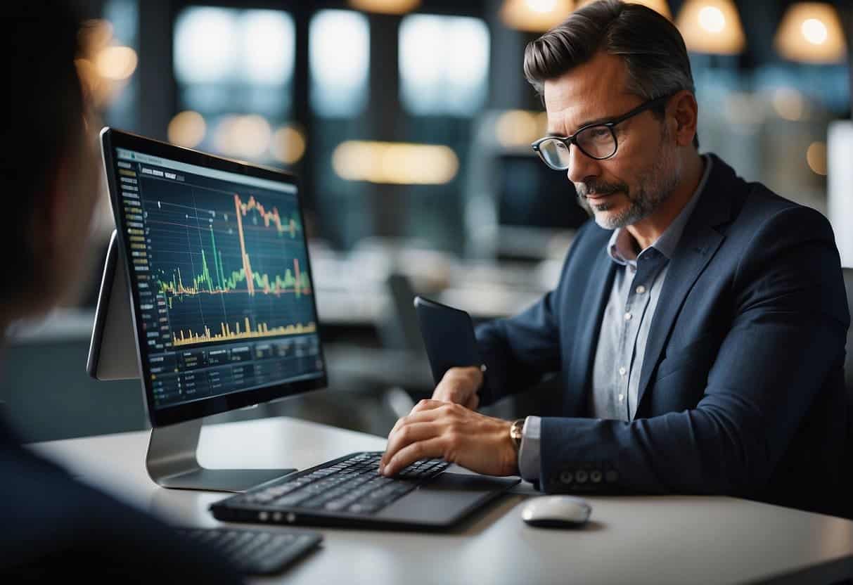 A small business owner examines financial data and charts to evaluate the return on investment of AI technology