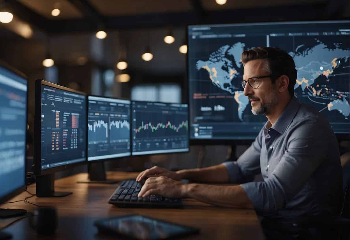 An office setting with AI technology integrated into business operations. Charts and graphs showing ROI for small enterprises