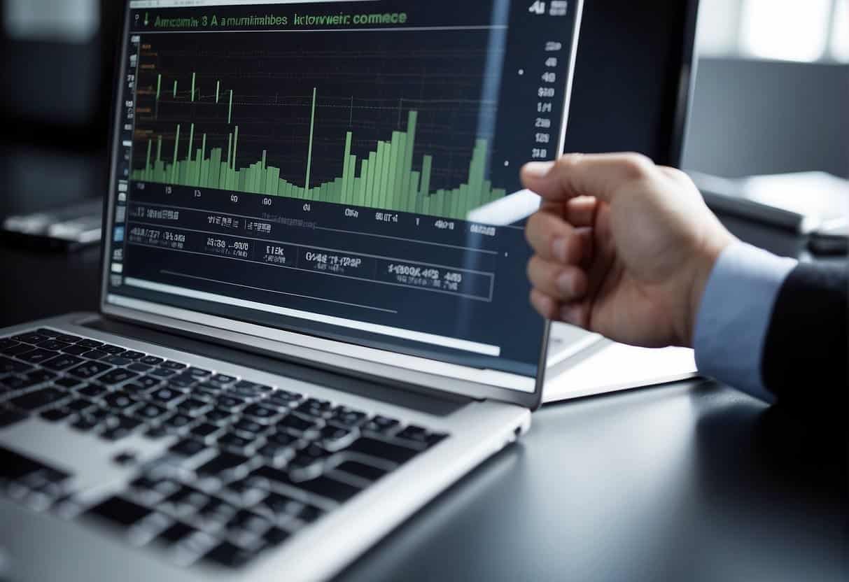 Data flowing into AI algorithms, producing measurable outcomes for small enterprises. Graphs and charts displaying return on investment
