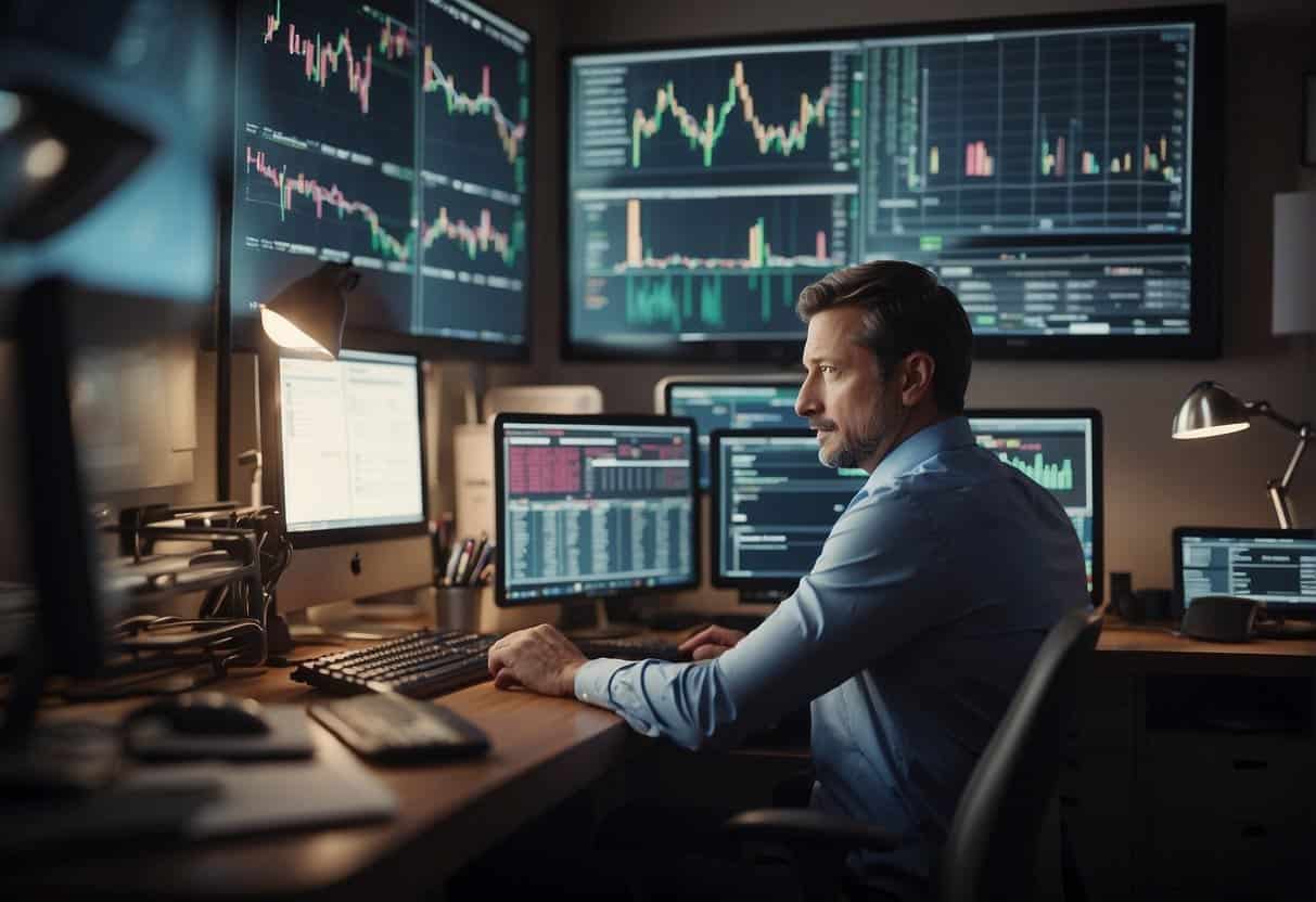 An office desk with a computer screen displaying AI data analysis, surrounded by charts and graphs. A small business owner looks on with a mix of curiosity and concern