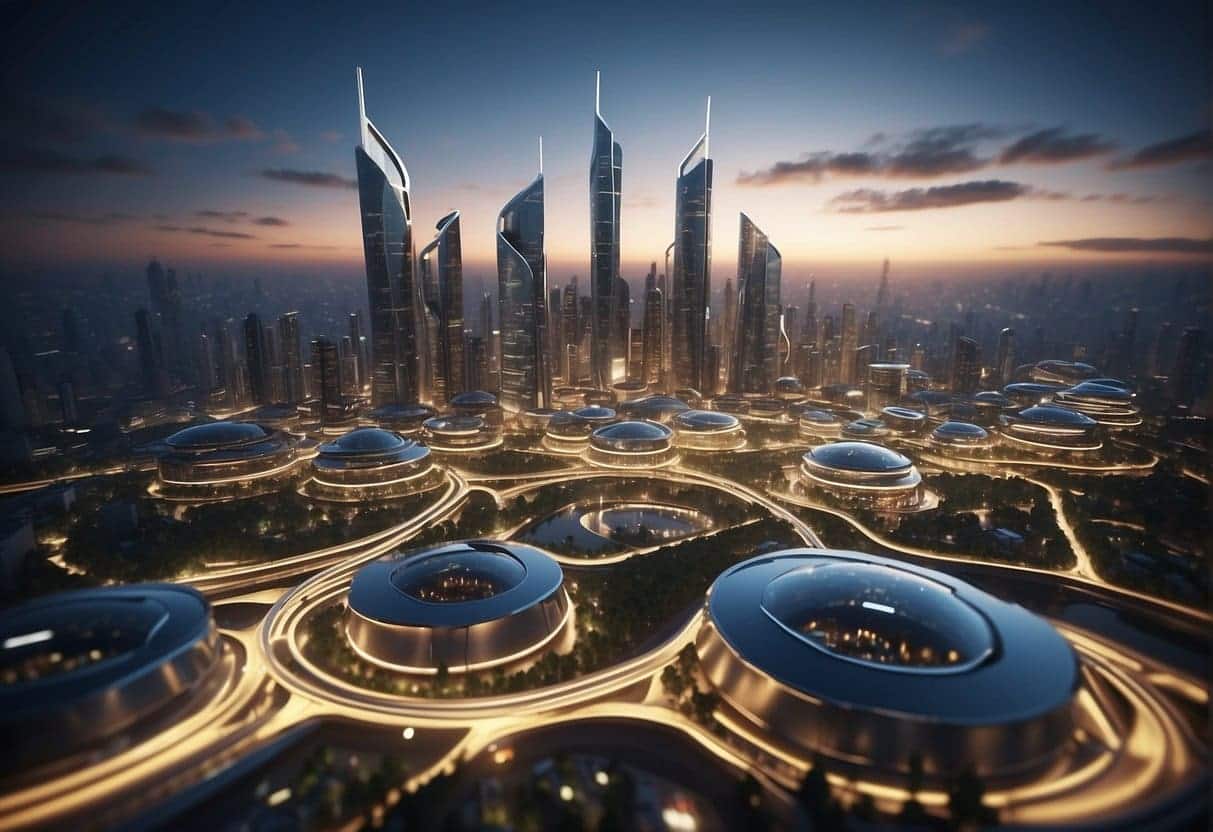 A futuristic city skyline with AI technology integrated into buildings and transportation systems, showcasing the advancement and impact of AI on small enterprises
