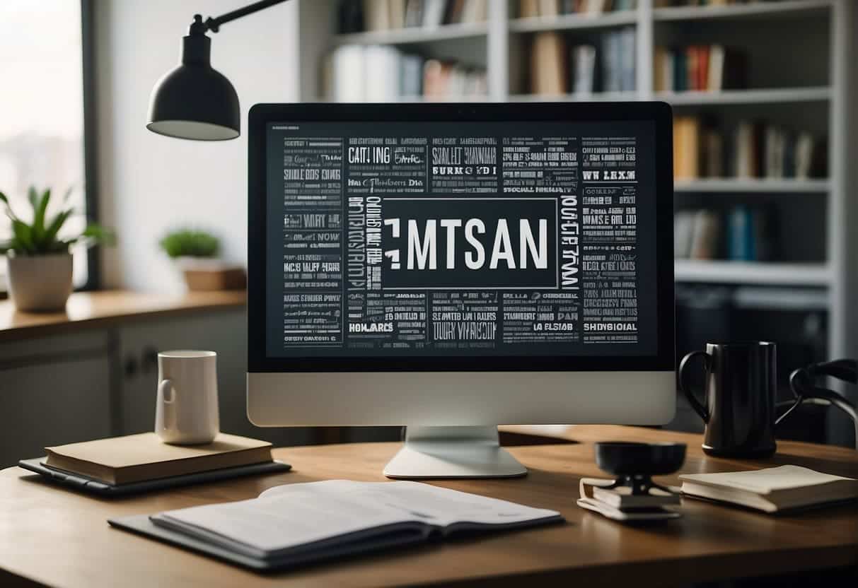 A computer screen displaying various fonts with marketing content on a website, surrounded by typography reference books and design tools