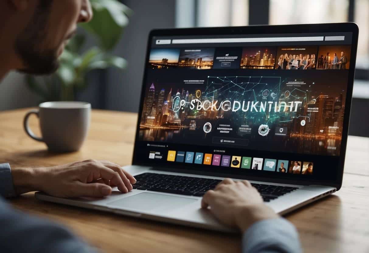 A group of diverse individuals engage with various forms of marketing content on websites, showcasing different fonts and styles