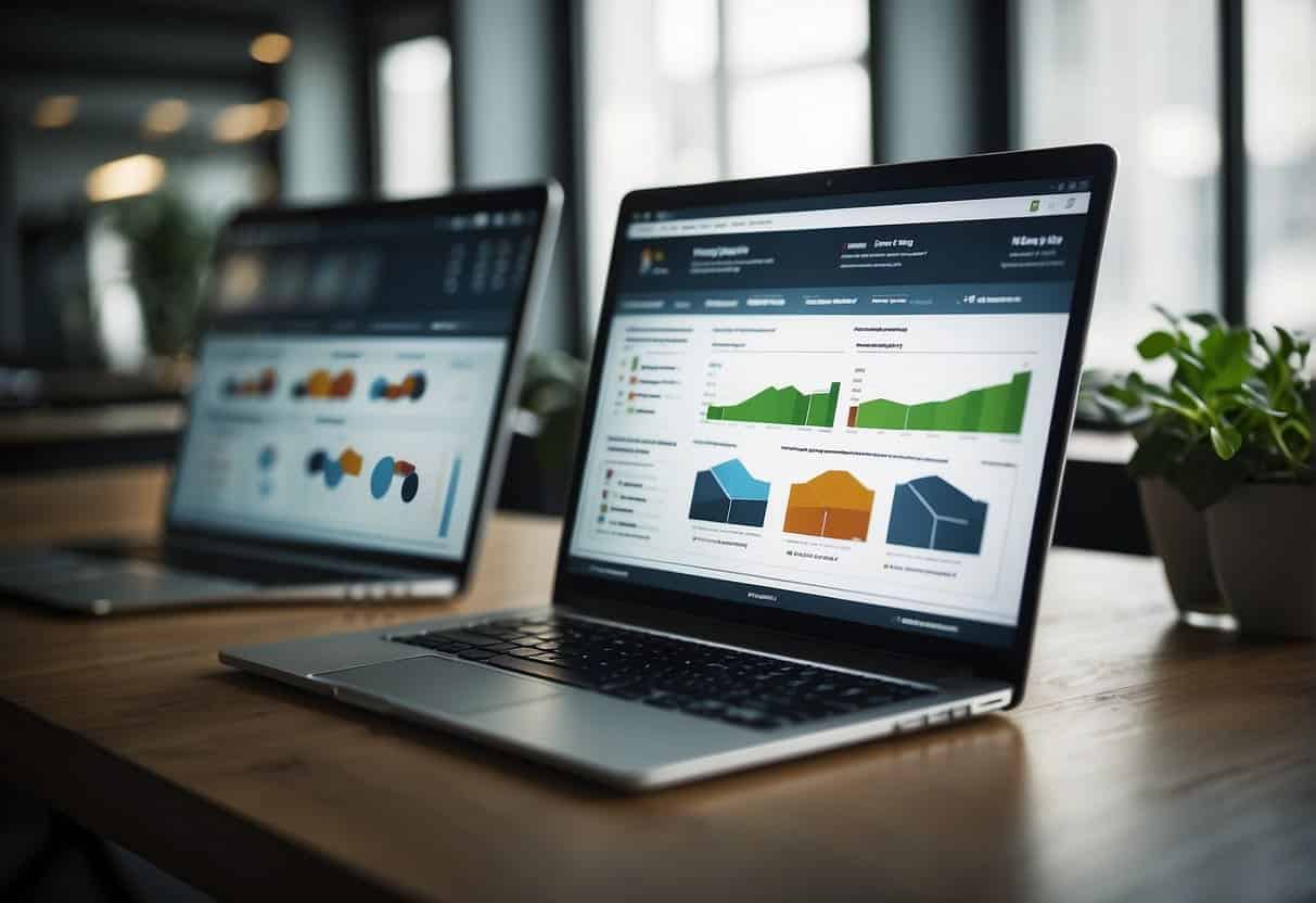 A computer screen displaying two web designs with conversion metrics and A/B testing results. Graphs and charts show improvement in user engagement