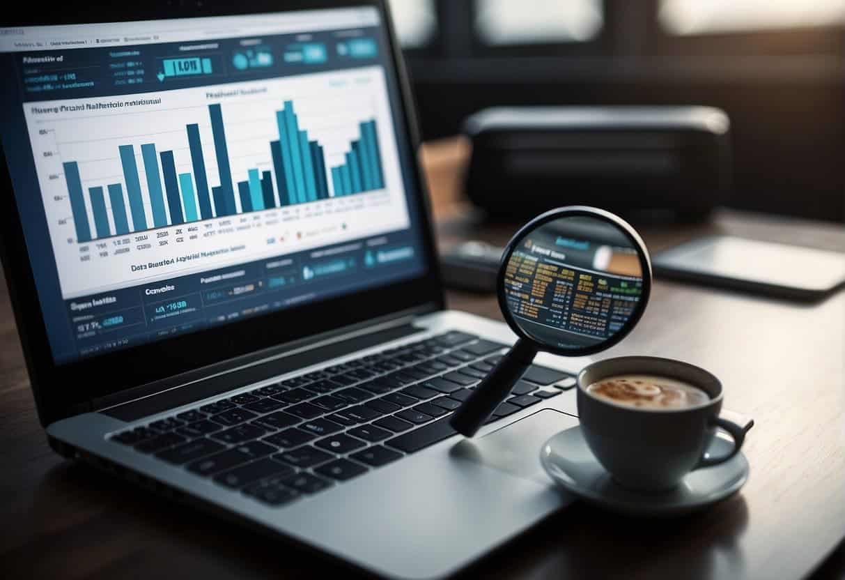 A computer screen displaying data analytics charts and graphs, with a magnifying glass symbolizing the focus on details for conversion rate optimization