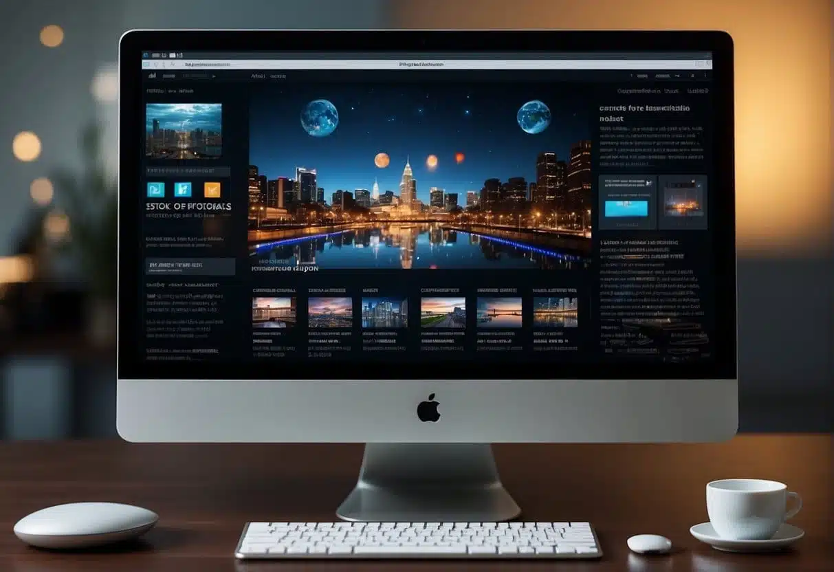 A computer screen displaying a website with a captivating story unfolding through visual elements and text, surrounded by various multimedia tools and devices
